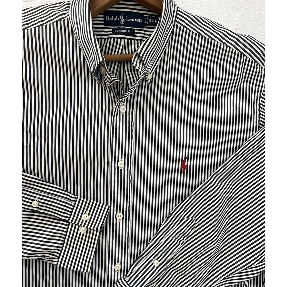 Vintage Ralph Lauren Classic Fit Shirt Mens 16.5 L Black White Stripe Red Pony